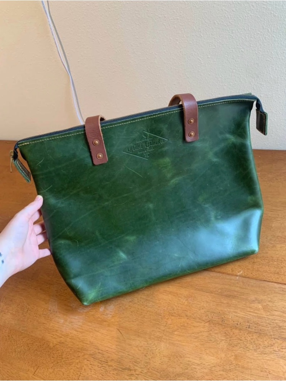 Green Leather Zip Tote with Brown Handles